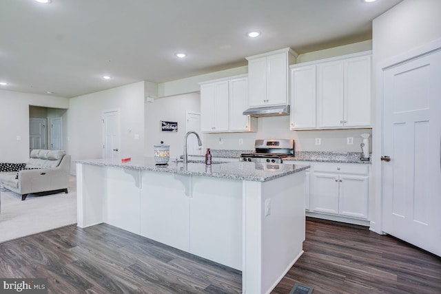 4801 Railway Cir, Monrovia, MD 21770 - kitchen with stainless steel range oven, a sink, under cabinet range hood, dark wood finished floors, and recessed lighting
