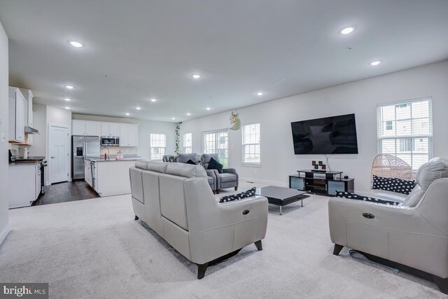 4801 Railway Cir, Monrovia, MD 21770 - living room featuring plenty of natural light, recessed lighting, light colored carpet, and baseboards