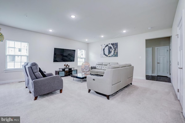 4801 Railway Cir, Monrovia, MD 21770 - living room featuring light colored carpet, baseboards, recessed lighting, and healthy amount of natural light