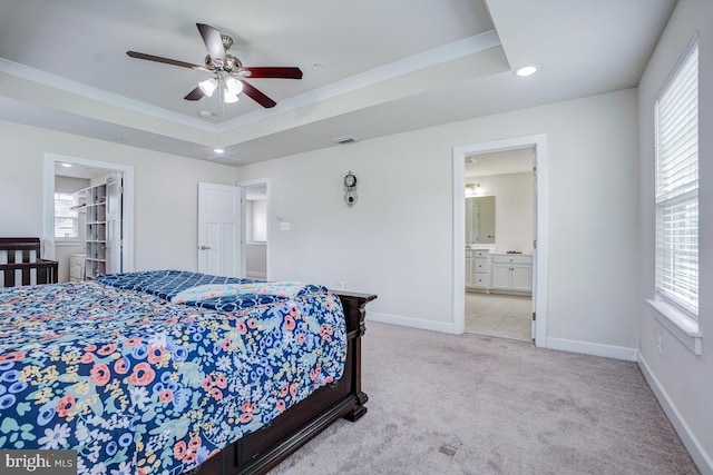 4801 Railway Cir, Monrovia, MD 21770 - bedroom with a tray ceiling, light carpet, recessed lighting, baseboards, and ensuite bathroom