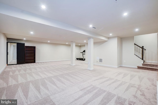 4801 Railway Cir, Monrovia, MD 21770 - finished below grade area with light carpet, stairway, recessed lighting, and baseboards
