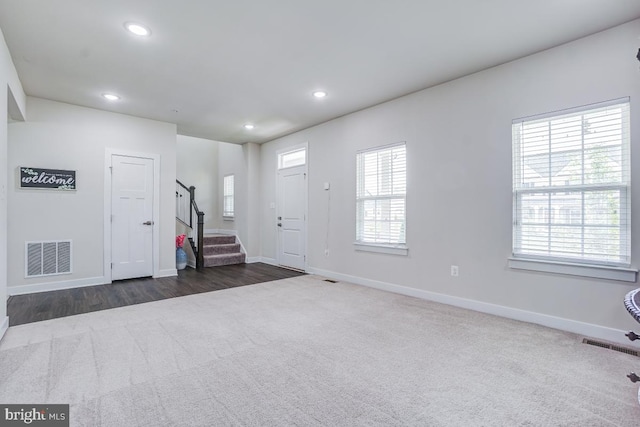4801 Railway Cir, Monrovia, MD 21770 - entrance foyer featuring stairs, baseboards, recessed lighting, and dark carpet