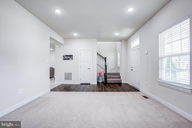 4801 Railway Cir, Monrovia, MD 21770 - foyer entrance featuring dark colored carpet, stairway, recessed lighting, and baseboards
