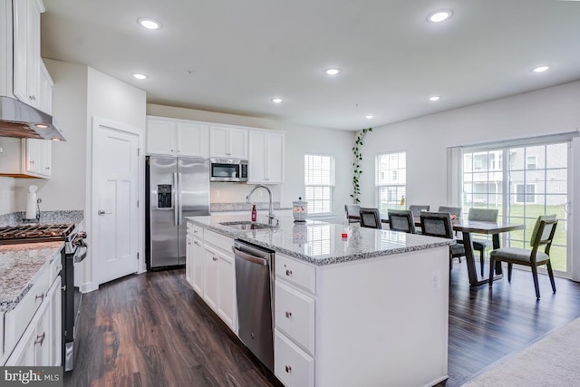 4801 Railway Cir, Monrovia, MD 21770 - kitchen with appliances with stainless steel finishes, a sink, under cabinet range hood, dark wood finished floors, and recessed lighting