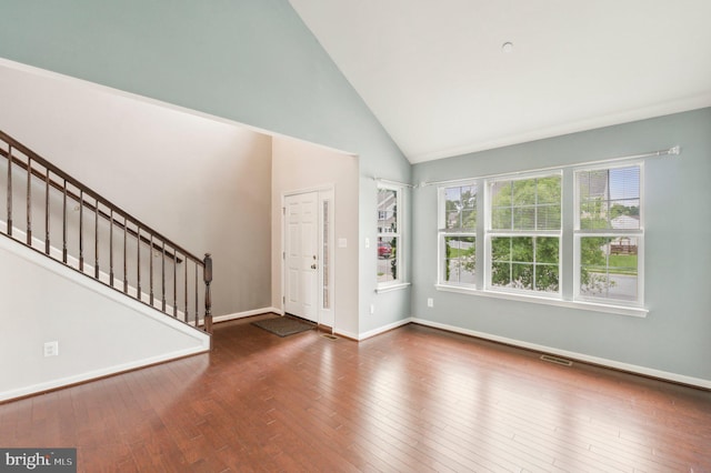199 Colbert St, Taneytown, MD 21787 - foyer with stairs, hardwood / wood-style floors, baseboards, and vaulted ceiling