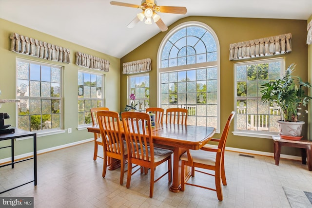 7229 Antares Dr, Gaithersburg, MD 20879 - dining room featuring baseboards, lofted ceiling, and ceiling fan