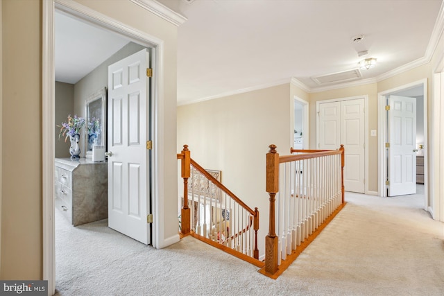 7229 Antares Dr, Gaithersburg, MD 20879 - hallway featuring an upstairs landing, carpet floors, crown molding, attic access, and baseboards