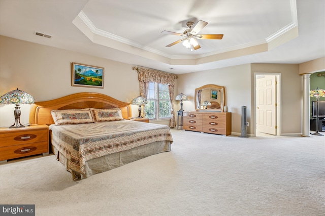 7229 Antares Dr, Gaithersburg, MD 20879 - bedroom featuring a tray ceiling, crown molding, carpet floors, a ceiling fan, and baseboards
