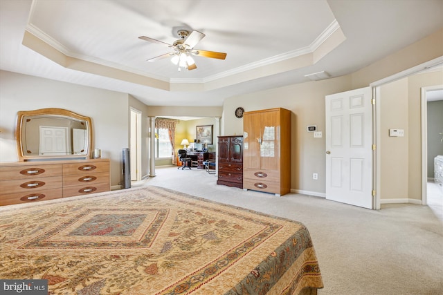 7229 Antares Dr, Gaithersburg, MD 20879 - carpeted bedroom with a tray ceiling, crown molding, baseboards, and ceiling fan