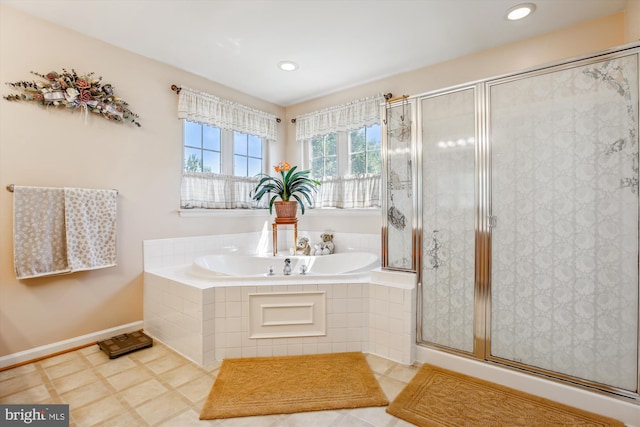 7229 Antares Dr, Gaithersburg, MD 20879 - full bathroom featuring a garden tub, a shower stall, recessed lighting, and baseboards