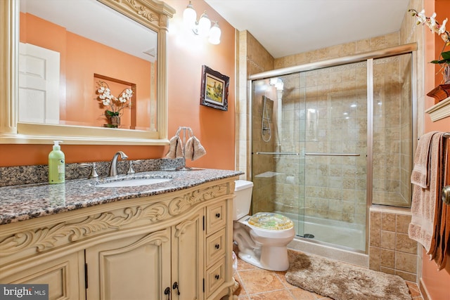 7229 Antares Dr, Gaithersburg, MD 20879 - bathroom with toilet, vanity, a stall shower, and tile patterned flooring