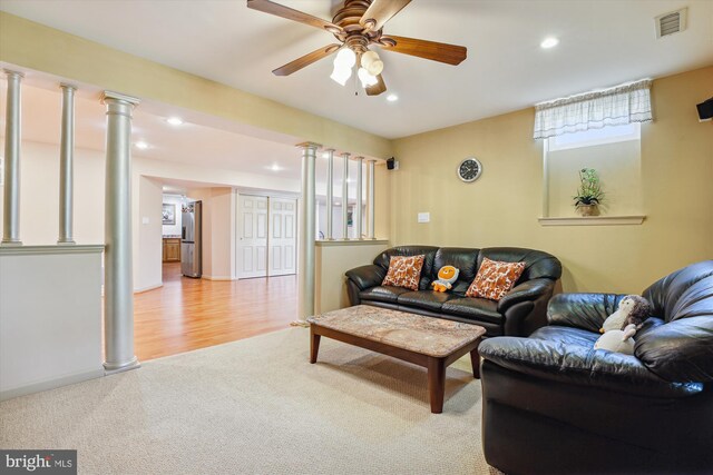 7229 Antares Dr, Gaithersburg, MD 20879 - living area featuring carpet, a ceiling fan, recessed lighting, and ornate columns