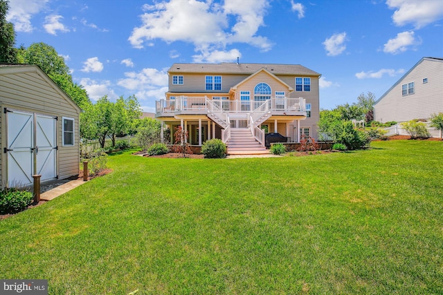 7229 Antares Dr, Gaithersburg, MD 20879 - rear view of house featuring stairs, a wooden deck, and a lawn