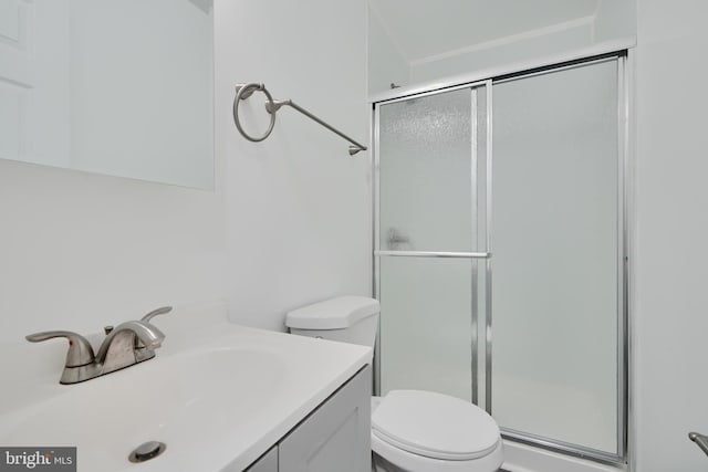 bathroom featuring a stall shower, toilet, and vanity