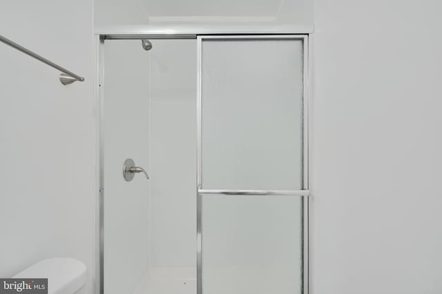 full bathroom featuring a stall shower and toilet