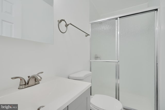 full bath featuring a stall shower, toilet, and vanity