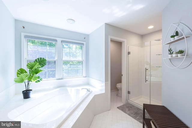 12685 Fox Woods Dr, Herndon, VA 20171 - bathroom with toilet, a shower stall, a bath, tile patterned flooring, and recessed lighting