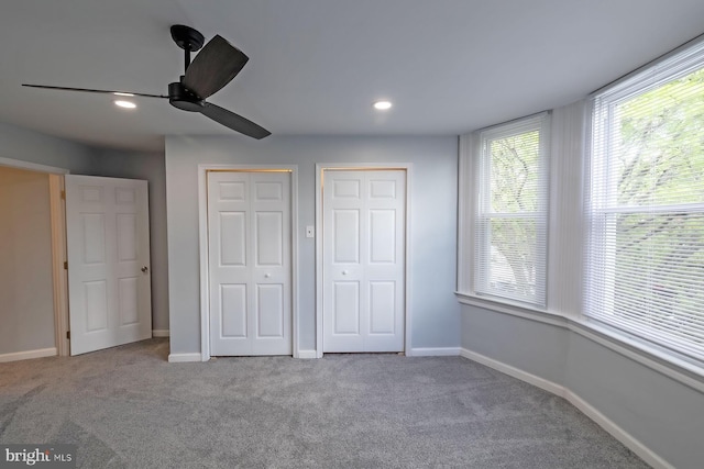 550 N 58th St, Philadelphia, PA 19131 - unfurnished bedroom featuring multiple closets, carpet, recessed lighting, baseboards, and a ceiling fan