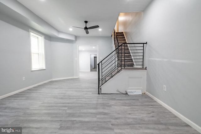 550 N 58th St, Philadelphia, PA 19131 - unfurnished living room featuring a ceiling fan, stairs, wood finished floors, baseboards, and recessed lighting