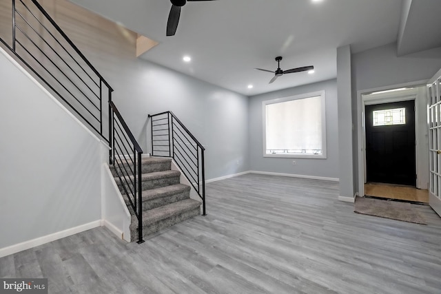550 N 58th St, Philadelphia, PA 19131 - foyer entrance with a ceiling fan, stairs, wood finished floors, baseboards, and recessed lighting