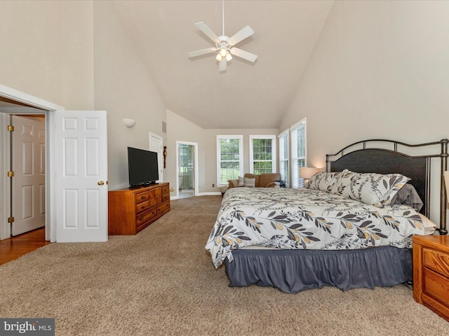 16013 Pheasant Ridge Ct, Woodbine, MD 21797 - carpeted bedroom featuring high vaulted ceiling, baseboards, and ceiling fan