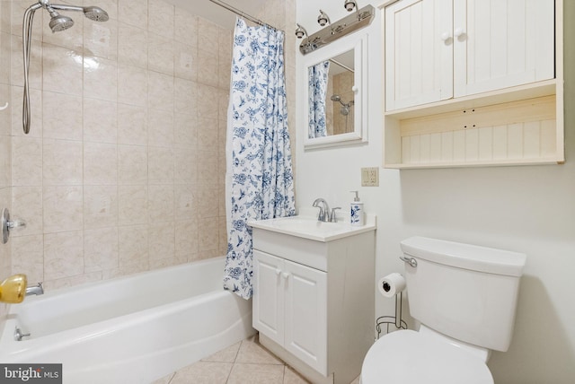 bathroom featuring toilet, shower / bathtub combination with curtain, tile patterned floors, and vanity