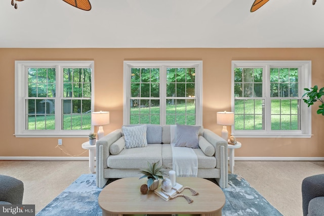 13429 Locksley Ln, Silver Spring, MD 20904 - living room featuring ceiling fan, baseboards, carpet flooring, and healthy amount of natural light