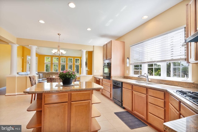 7419 Near Thicket Way, Laurel, MD 20707 - kitchen with black appliances, a sink, ornate columns, healthy amount of natural light, and recessed lighting