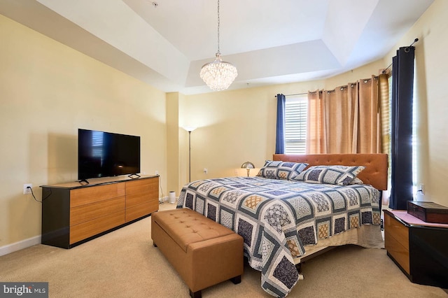 7419 Near Thicket Way, Laurel, MD 20707 - bedroom featuring light colored carpet, a raised ceiling, a chandelier, and baseboards