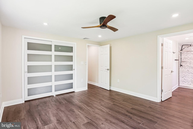 302 Fenwick Rd, Pilesgrove, NJ 08098 - unfurnished bedroom with wood finished floors, recessed lighting, baseboards, a ceiling fan, and a closet