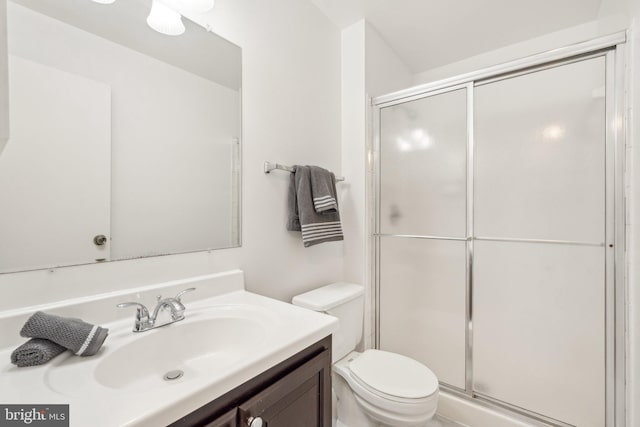 full bathroom with a shower stall, vanity, and toilet