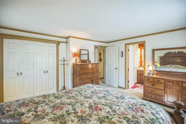 256 Crystal Ter, Haddonfield, NJ 08033 - bedroom with light carpet, a closet, crown molding, ensuite bath, and baseboards