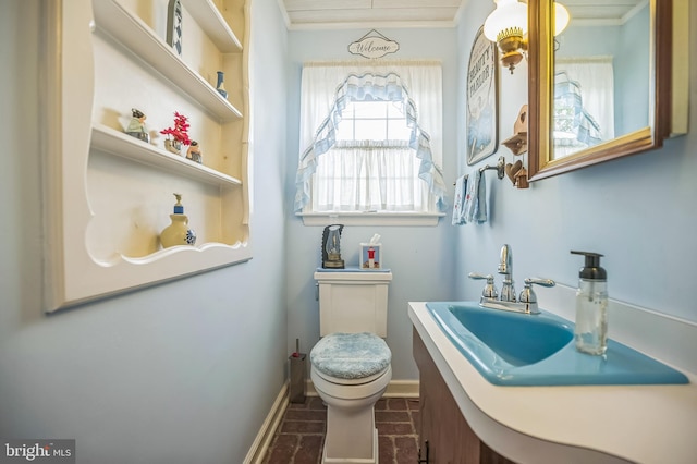256 Crystal Ter, Haddonfield, NJ 08033 - half bathroom with toilet, baseboards, vanity, and crown molding