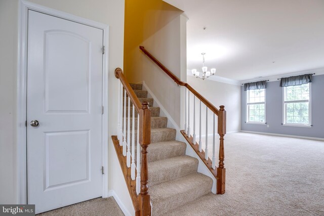 2527 Campus Way N Unit 69, Lanham, MD 20706 - stairway featuring carpet flooring, a chandelier, and baseboards