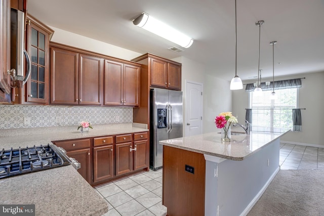 2527 Campus Way N Unit 69, Lanham, MD 20706 - kitchen with stainless steel refrigerator with ice dispenser, glass insert cabinets, light tile patterned floors, a sink, and decorative backsplash