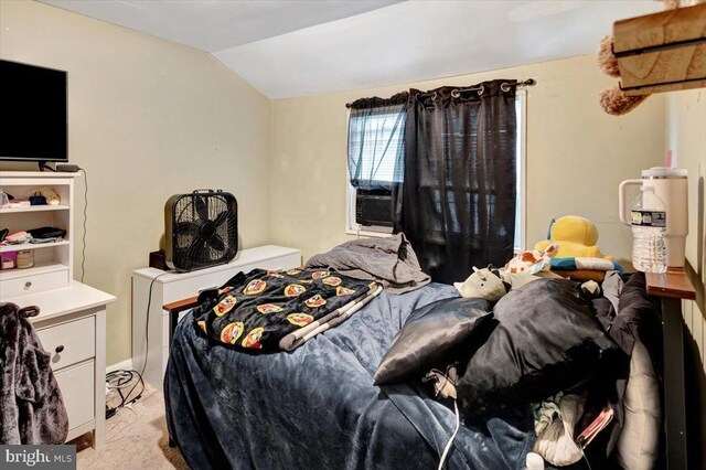 bedroom featuring light carpet and lofted ceiling