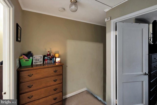 bedroom with crown molding, baseboards, and light carpet