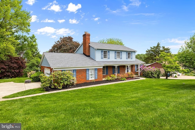 view of front of home featuring a chimney, driveway, a front lawn, an attached garage, and a shingled roof