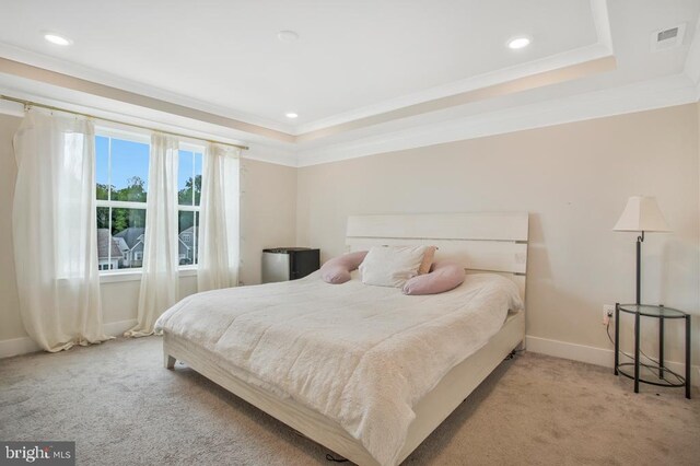 5753 Frederick Douglas Pl, White Plains, MD 20695 - carpeted bedroom featuring ornamental molding, a raised ceiling, baseboards, and recessed lighting