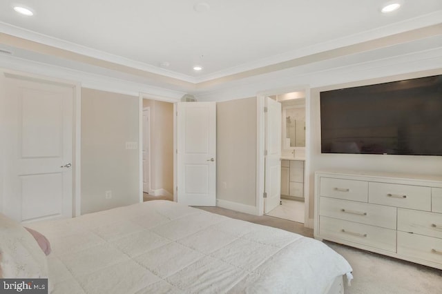 5753 Frederick Douglas Pl, White Plains, MD 20695 - bedroom featuring light colored carpet, baseboards, recessed lighting, crown molding, and ensuite bath
