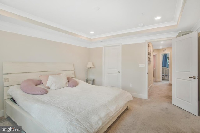 5753 Frederick Douglas Pl, White Plains, MD 20695 - bedroom with recessed lighting, baseboards, light carpet, ornamental molding, and a tray ceiling
