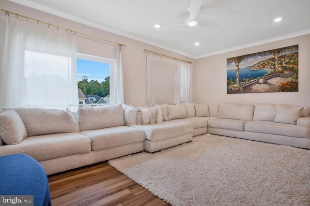 5753 Frederick Douglas Pl, White Plains, MD 20695 - living area with crown molding, wood finished floors, recessed lighting, and a ceiling fan