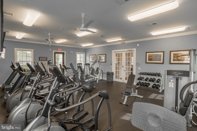 36725 Par Ln Unit 98, Frankford, DE 19945 - exercise room featuring a ceiling fan, ornamental molding, french doors, and baseboards