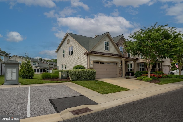 36725 Par Ln Unit 98, Frankford, DE 19945 - view of front facade with a standing seam roof, metal roof, a front yard, central AC unit, and stone siding