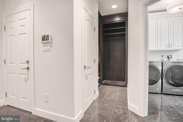 7845 Montvale Way, Mclean, VA 22102 - clothes washing area with baseboards, washer and clothes dryer, cabinet space, marble finish floors, and recessed lighting
