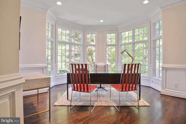 7845 Montvale Way, Mclean, VA 22102 - dining room with plenty of natural light, ornamental molding, dark wood-style flooring, a decorative wall, and a wainscoted wall