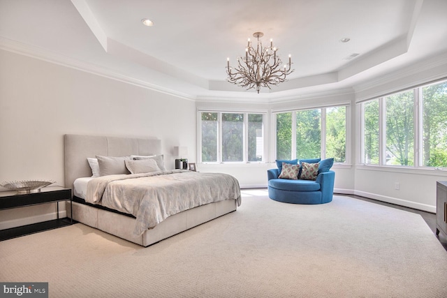 7845 Montvale Way, Mclean, VA 22102 - carpeted bedroom with a tray ceiling, a chandelier, crown molding, recessed lighting, and baseboards