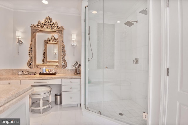 7845 Montvale Way, Mclean, VA 22102 - full bath featuring vanity, crown molding, a stall shower, and recessed lighting