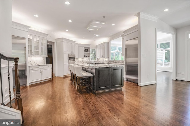 7845 Montvale Way, Mclean, VA 22102 - kitchen featuring appliances with stainless steel finishes, open shelves, white cabinetry, dark wood-style flooring, and recessed lighting