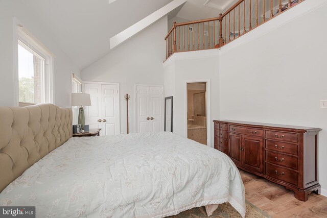6005 Southward Way, Alexandria, VA 22315 - bedroom featuring multiple closets, light wood-type flooring, high vaulted ceiling, a skylight, and ensuite bath